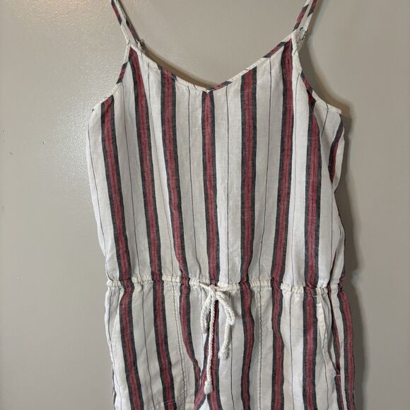 Lou & Grey 100% Linen Romper Sleeveless Shorts Cinch Waist Ivory Red Stripe Sz L - Picture 2 of 9